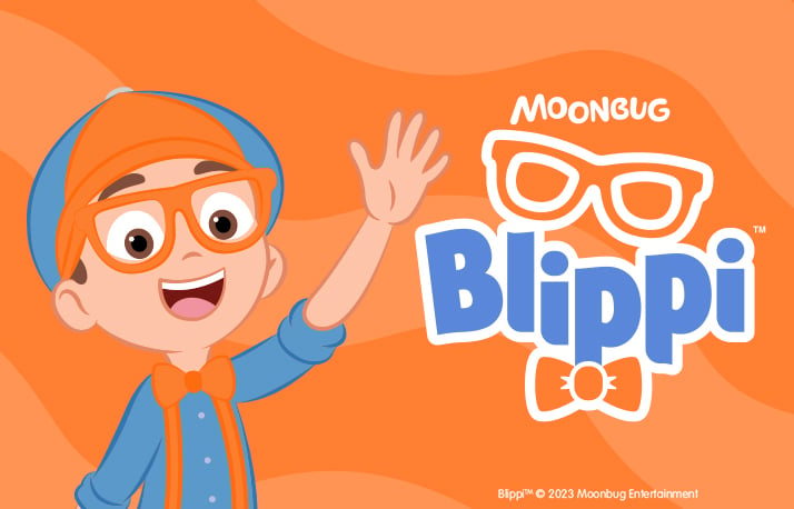 Blippi logo, orange and character with glasses.