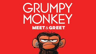 Grumpy Monkey meet and greet, red background and grumpy monkey.