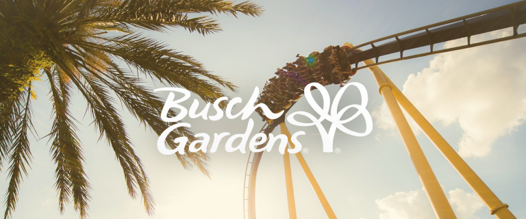 Busch Gardens logo with a palm tree and roller coaster in background