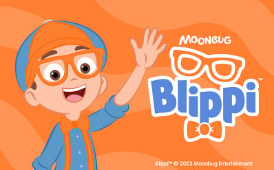 Blippi logo, orange and character with glasses.