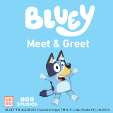 Bluey Meet and Greet logo with Bluey.