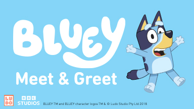 Bluey Meet and Greet logo with Bluey.