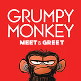 Grumpy Monkey meet and greet, red background and grumpy monkey.