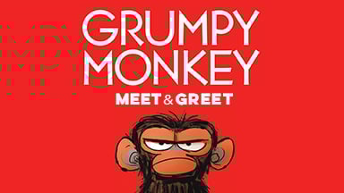Grumpy Monkey meet and greet, red background and grumpy monkey.