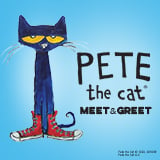 Pete the Cat meet and greet logo, blue background with character.