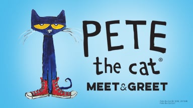 Pete the Cat meet and greet logo, blue background with character.