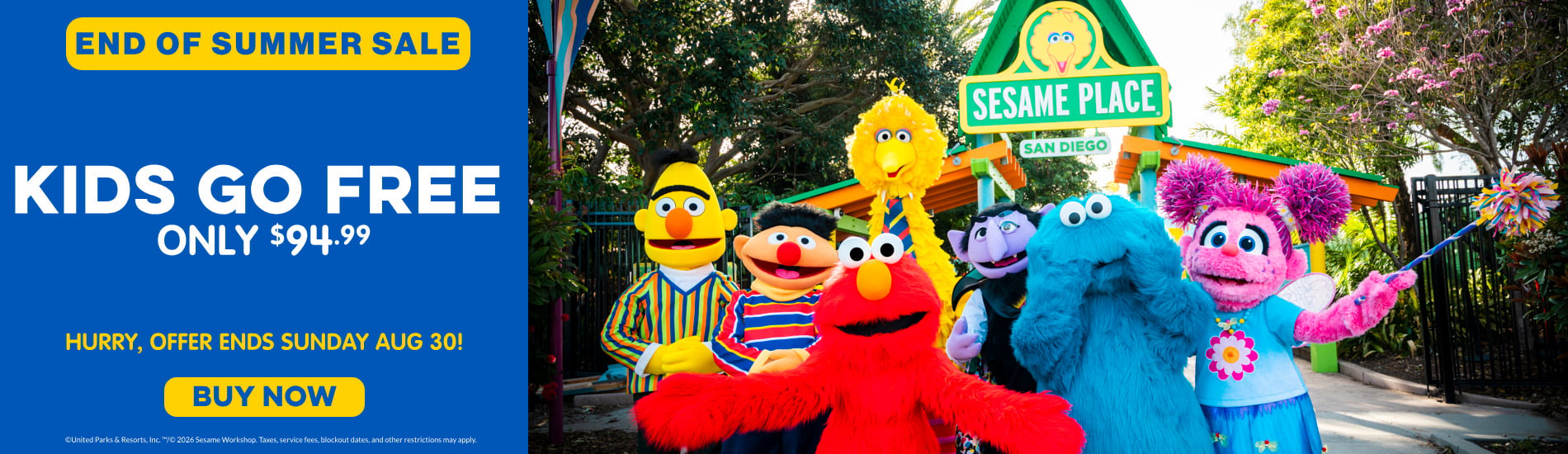 Sesame Place San Diego - End of Summer Sale: Kids Go FREE Only $94.99
