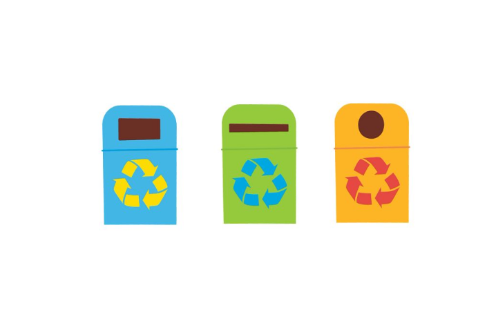 Recycling cans in blue, green, and orange.